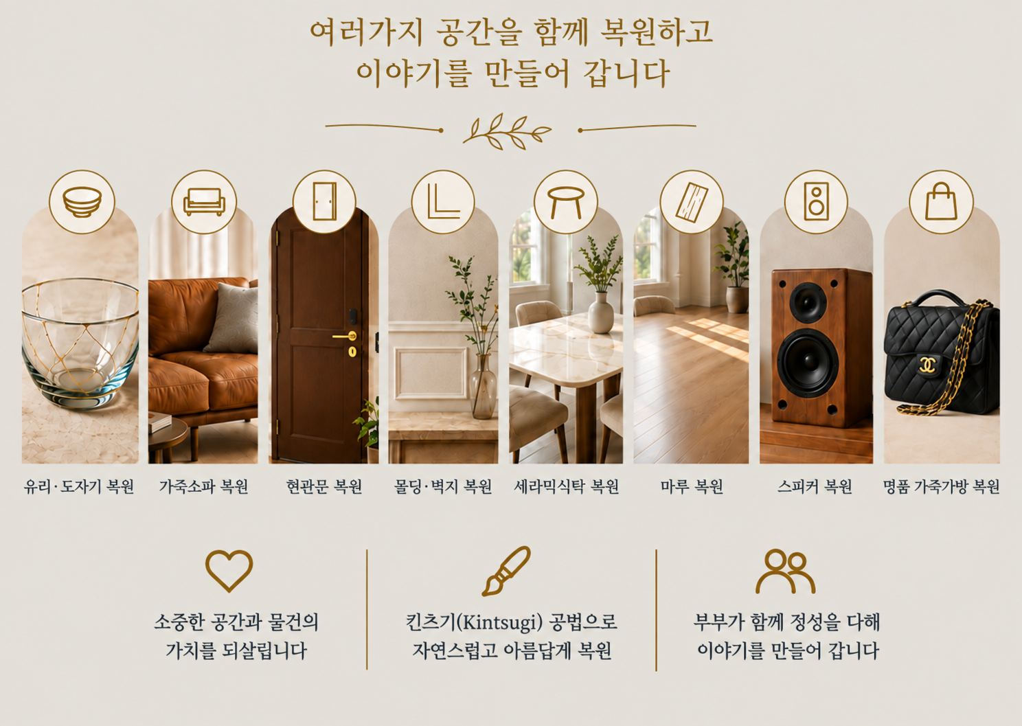 복원 상담이 가능한 유리·도자기, 가죽 소파, 현관문, 몰딩, 세라믹 식탁, 마루, 스피커, 가죽 가방 분야 안내